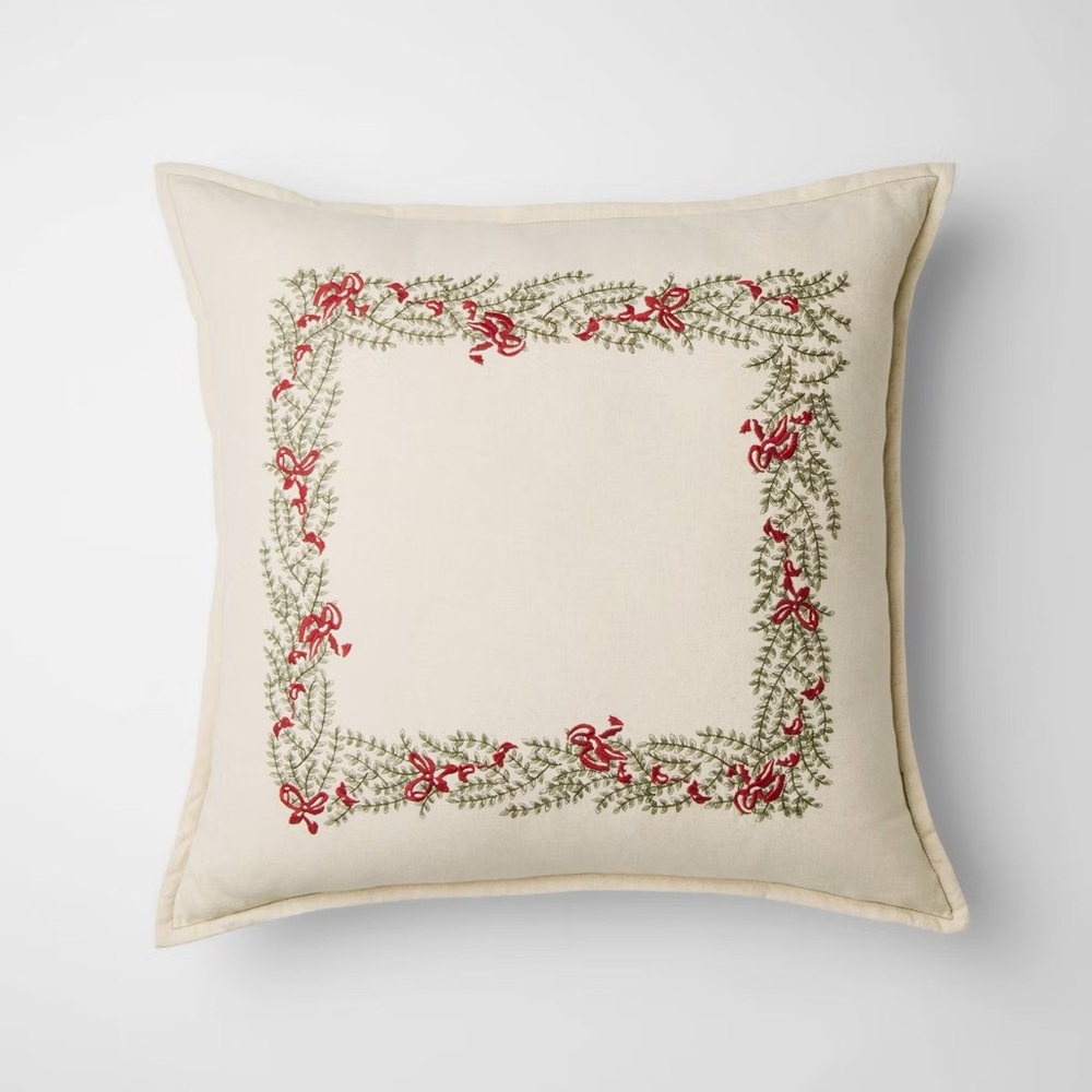 Natural Embroidered Green and Bows Pillow - 24 x 24" - Studio McGee
